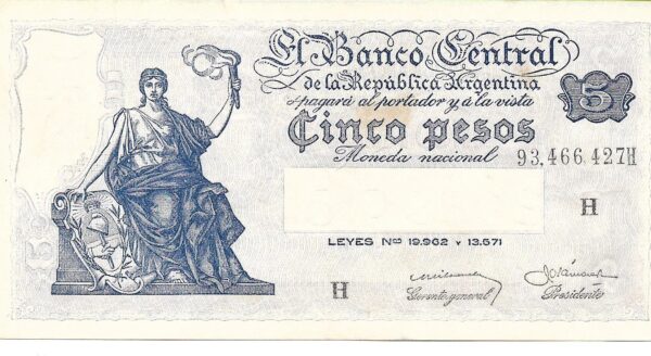 Argentina 5 Pesos Progreso error en la ley Ditaranto-Mazar Barnet Bottero 1876a MB