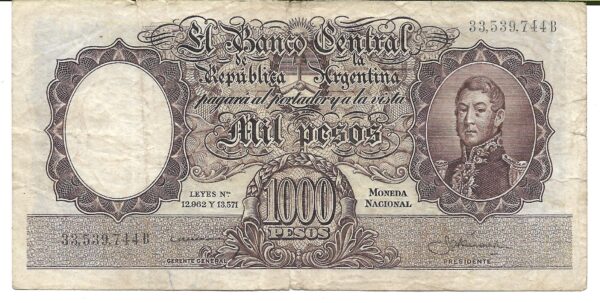 Argentina 1.000 Pesos Moneda Nacional serie B Ditaranto-Mazar Barnet Bottero 2144a  B+
