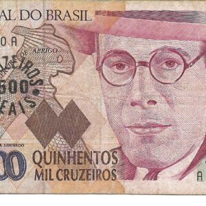 Brasil 500 Cruzeiros Reales Resellado Sobre 500.000 Cruzeiros P239a MB-