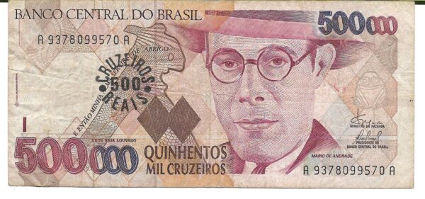 Brasil 500 Cruzeiros Reales Resellado Sobre 500.000 Cruzeiros P239a MB-