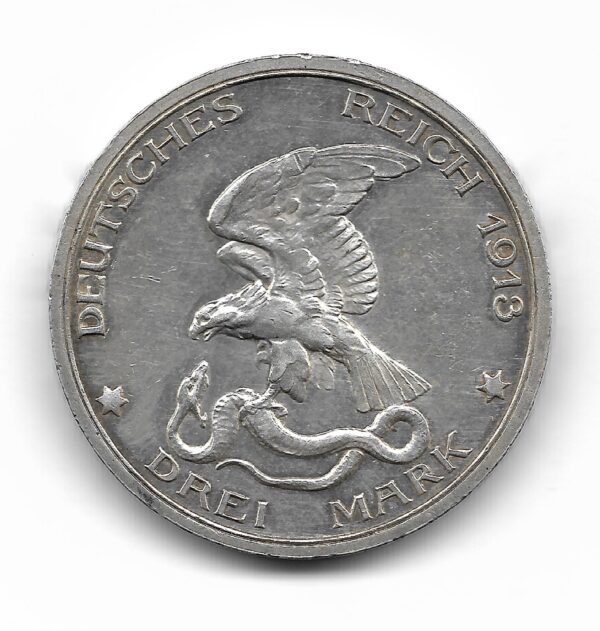 Alemania Prusia 3 Marcos de Plata 1913A 100 Aniversario Victoria Sobre Napoleon KM534 EXC - Imagen 2