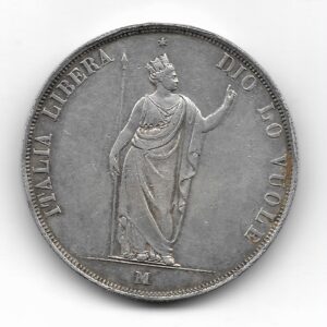 Italia Lombardia Venecia  Gobierno Provisorio 5 Liras de Plata 1848 KM22.1 EXC-