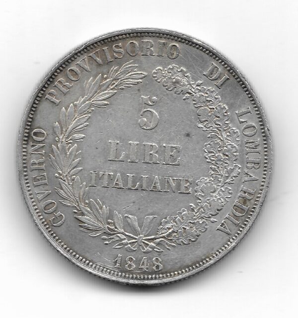 Italia Lombardia Venecia  Gobierno Provisorio 5 Liras de Plata 1848 KM22.1 EXC- - Imagen 2
