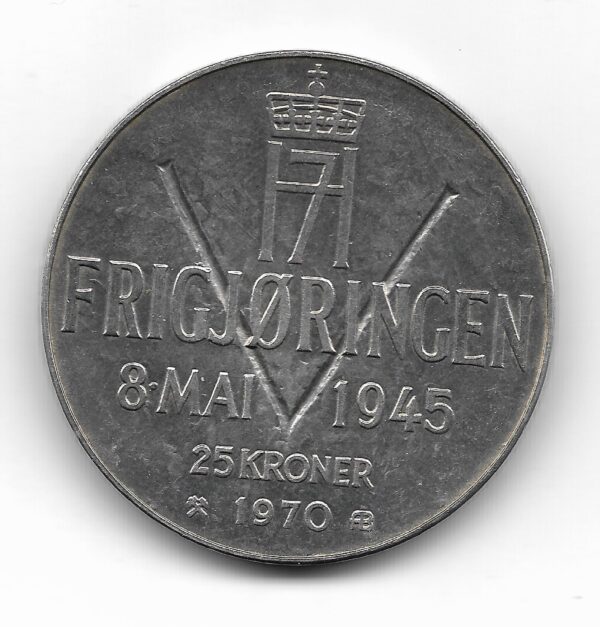 Noruega 25 Coronas de Plata 1970 Conmemorativa 25 Aniversario de la Liberacion KM414 SC