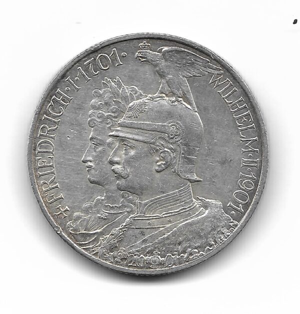 Alemania Prusia 2 Marcos de Plata 1901A Conmemorativa 200 Años del Reino de Prusia KM525 EXC