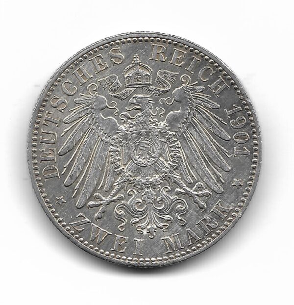 Alemania Prusia 2 Marcos de Plata 1901A Conmemorativa 200 Años del Reino de Prusia KM525 EXC - Image 2