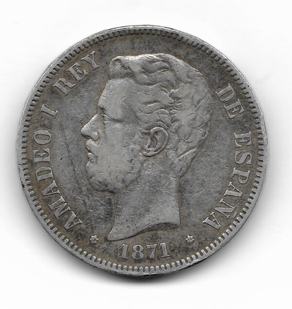 España 5 Pesetas de Plata 1871 *74 DE-M Amadeo I KM666 MB+