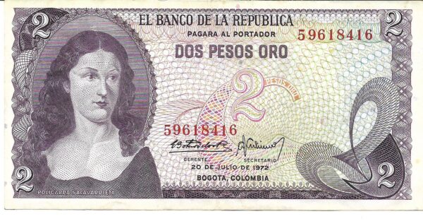 Colombia 2 Pesos Oro 1972 P413A EXC