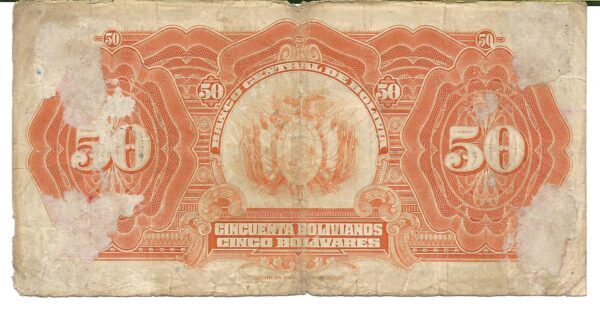 Bolivia 50 Bolivianos 1928 P124 B- - Imagen 2
