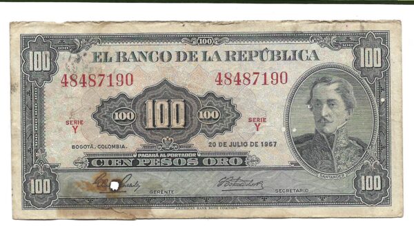Colombia 100 Pesos Oro 1967 P403c B-