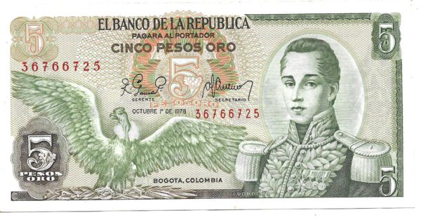 Colombia 5 Pesos Oro 1977 P406f EXC