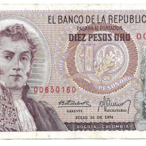 Colombia 10 Pesos Oro 1974 P407e Con Hilo de Seguridad MB