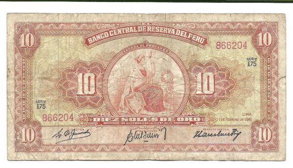 Peru 10 Soles de oro 1961 P82A B+