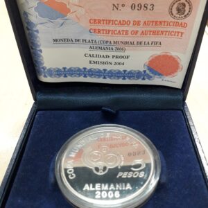 Argentina 5 Pesos Plata 2004 Mundial de Futbol Alemania 2006 CJ8.10 Proof Estuche y Certificado