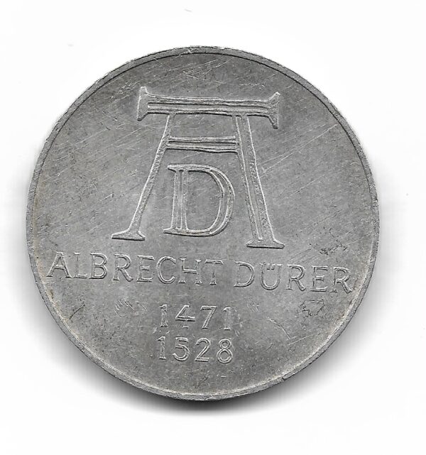 Alemania 5 Marcos de Plata 1971D Conmemorativa Alberto Durero KM129 EXC