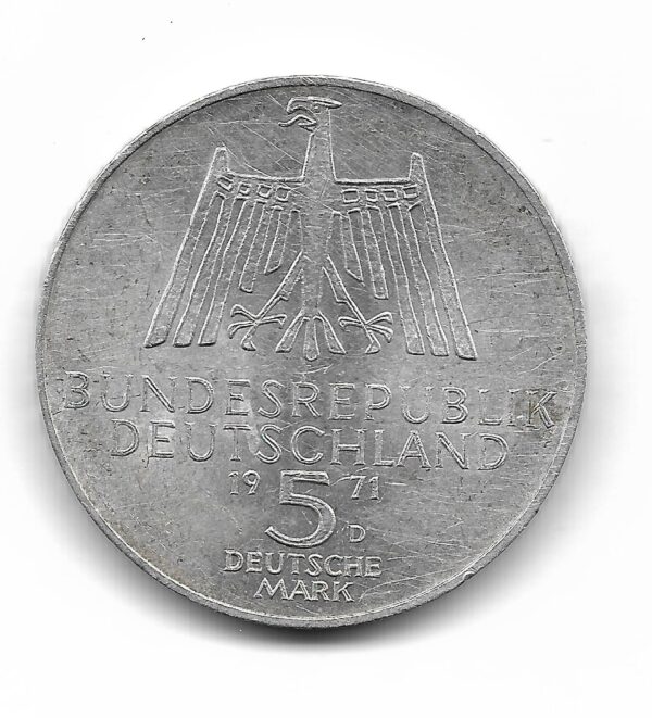 Alemania 5 Marcos de Plata 1971D Conmemorativa Alberto Durero KM129 EXC - Imagen 2