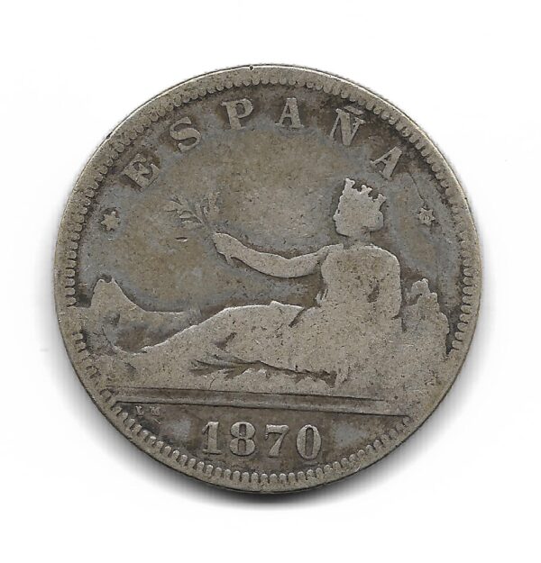 España 2 Pesetas de Plata 1870 *73 DE-M KM654 MB-