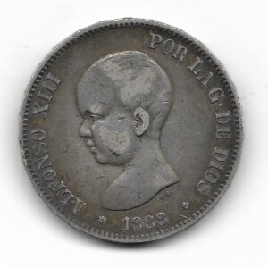 España 5 Pesetas de Plata 1888 *88 MS-M Rara KM689 MB+