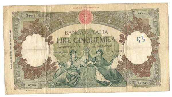 Italia 5000 Liras 23-3-1961 P85d MB-