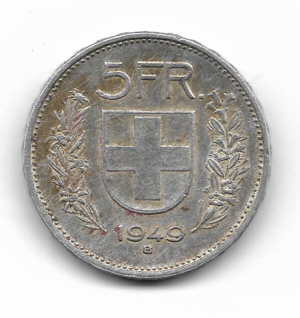 Suiza 5 Francos de Plata 1949 Escaso KM40 MB+