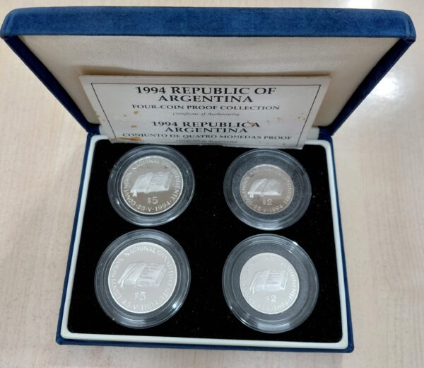 Argentina Set Convencion Nacional Constituyente 2 y 5 Pesos 1994 Plata y Niquel Proof Muy Escaso con Estuche y Certificado