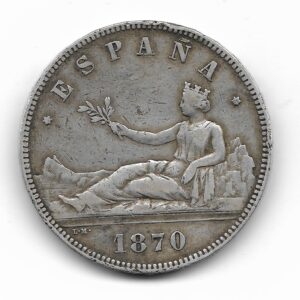 España 5 Pesetas de Plata 1870 *70 KM655 MB+
