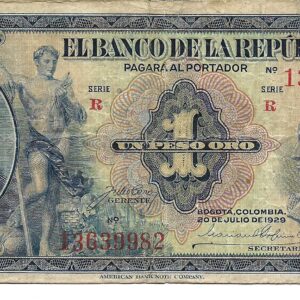 Colombia 1 Peso Oro 1929 P380a MB-