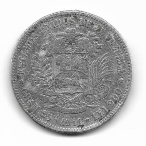 Venezuela 5 Bolivares de Plata 1911 Y24.2 MB+