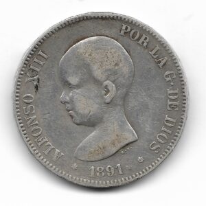 España 5 Pesetas 1891 *91 PG-M KM689 MB+