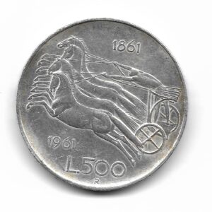 Italia 500 Liras de Plata 1861-1961 Centenario de la Unificacion KM99 MB+