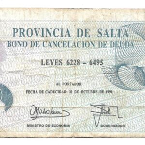 Bono Provincia de Salta 1.000 Australes 1989 serie J EC073 MB-
