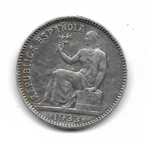 España 1 Peseta de Plata 1933 *34 Reverso Girado KM34 MB+ (marca en canto 12 hs.)