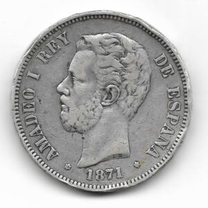 España 5 Pesetas de Plata 1871 *71 SD-M Amadeo I KM666 MB+