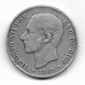 España 5 Pesetas de Plata 1885 MS-M KM688 B+ (marca en canto)