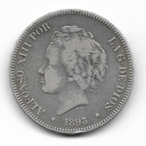 España 5 Pesetas de Plata 1893 *93 PG-V Escasa KM700 MB+