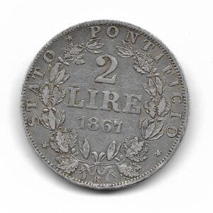 Vaticano 2 Liras de Plata 1867 XXII Papa Pio IX KM1379.2 MB+