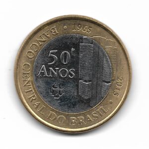Brasil 1 Real 2015 Bimetalica Conmemorativa 50 Aniversario del Banco Central KM723 SC
