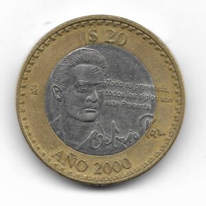 Mexico 20 Pesos 2000 Bimetalica Conmemorativa Ocatvio Paz KM638 EXC