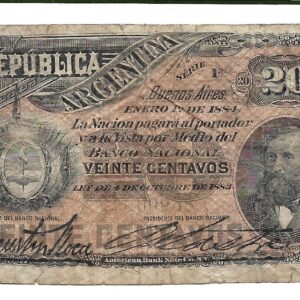 Argentina Banco Nacional 20 Centavos 1884 Roca-Sastre serie F NC356b P7 B+