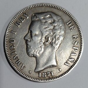 España 5 Pesetas de Plata 1871 *71 SD-M Amadeo I KM666 MB+ (marca en canto)