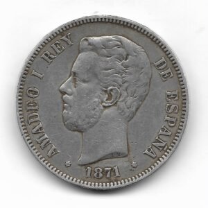 España 5 Pesetas de Plata 1871 *71 DE-M Amadeo I KM666 MB+ (marca en canto)