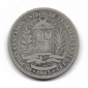Venezuela 2 Bolivares de Plata 1945 Y23a MB
