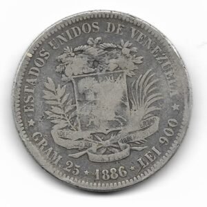 Venezuela 5 Bolivares de Plata 1886 Y24.1 MB