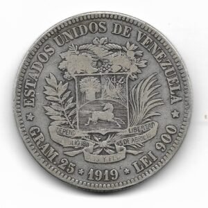 Venezuela 5 Bolivares de Plata 1919 Y24.2 MB+