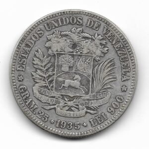 Venezuela 5 Bolivares de Plata 1935 Y24.2 MB+