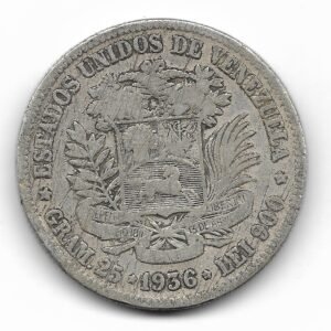 Venezuela 5 Bolivares de Plata 1936 Y24.2 MB-