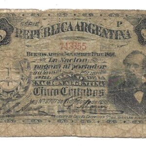 Fraccionario Caja de Conversion Argentina 5 Centavos 1891 Areco-Marin serie P Bottero 1011 B+