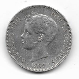España 5 Pesetas de Plata 1897 *97 SG-V KM707 EXC-