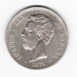 España 5 Pesetas de Plata 1871 *74 DE-M Amadeo I KM666 MB+